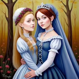 two women dressed in period dress posing for the camera,a painting of two women in blue dresses, standing by trees