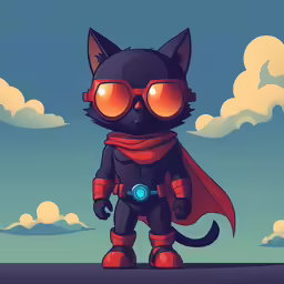 a cat wearing sunglasses with a cape and a red scarf on