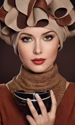 a model wearing a turban holds a cup