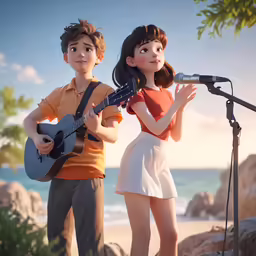 the young man is singing into a microphone as the woman plays a guitar