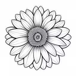 an ink drawing of a white daisy,a white flower with black petals and a large circular center