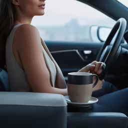 the girl is sitting inside the car holding a cup