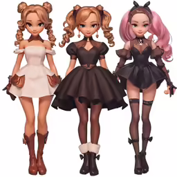 three sexy anime dolls wearing very cute dresses