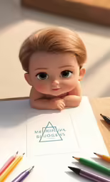 a cute looking doll sits at a desk with marker, pencil and markers