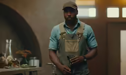 an african american man in denim and overalls stands in front of an oval hallway