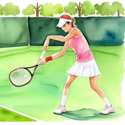 a watercolor sketch shows a tennis player ready to hit the ball,the girl tennis player is preparing to hit the ball,this is a picture of a tennis player wearing pink and white,a watercolor and pen painting of a tennis player,a painting of a woman on a tennis court holding a tennis racket