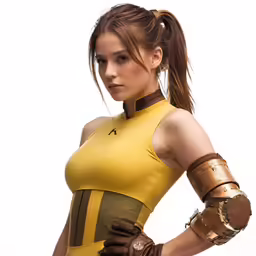 a female in yellow and black clothes holding a glove