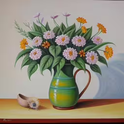 the large painting is displayed in a frame,a painting of a green vase with white flowers