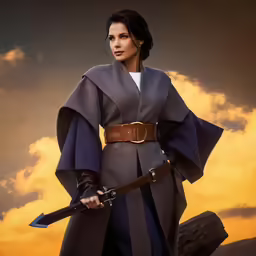 a woman in a gray and black costume