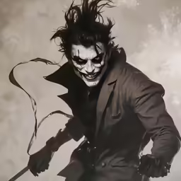 a man with white makeup is holding a sword