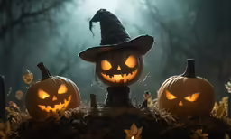 two pumpkins glowing in front of a forest with many jack o lanterns