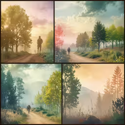 four different scenes of the forest on three different levels,four different views of the same area in front of different trees and the same person walking