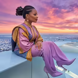 a woman sitting on a wall while looking out over the city