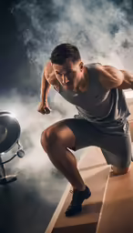 the man is squatting on a wooden bench