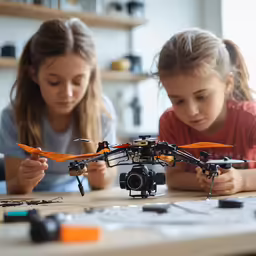 two young girls working with a remote control helicopter