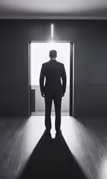 the man is looking out a door in the dark