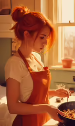 a girl wearing an orange apron stirring food in a skillet