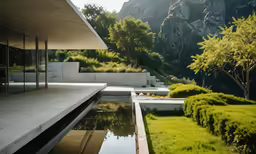 a house and a small water pond next to each other