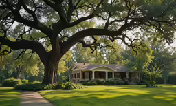 a large tree sits in the front yard