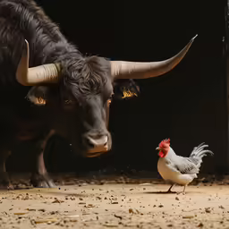 the cow has a red hair on its head and is facing the rooster