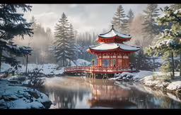 a snow covered park with a gazebo in the middle of it