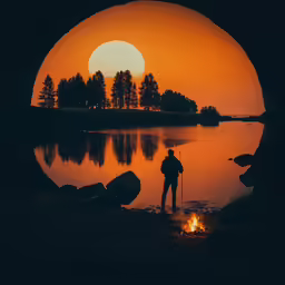 a man standing next to a fire near a lake