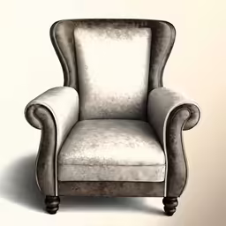 a chair in grey and white fabric with wooden legs