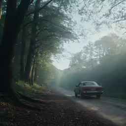 a car parked in a wooded area by itself