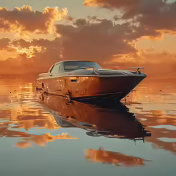 a small motor boat is floating on the water