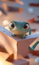 a tiny blue frog with a large eye is sitting on a ledge