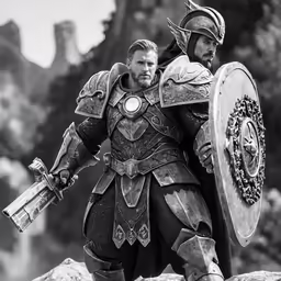 two men dressed in renaissance armor with swords