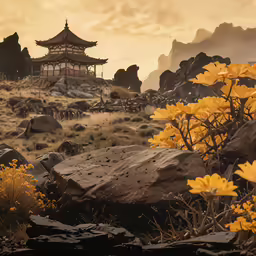 some rocks and plants with yellow flowers near by