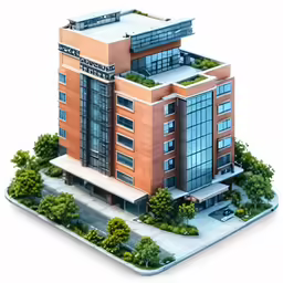 an orange building with trees on top of it