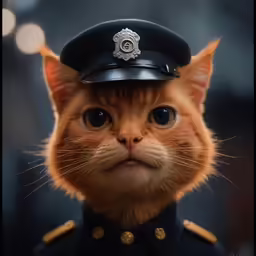an orange cat wearing a police hat on his head