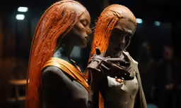 two mannequins with long hair and gloves are staring at something in their hands