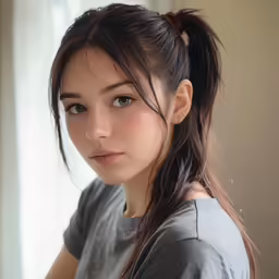 an asian woman with very long hair and a ponytail with her eyes closed
