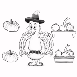 a thanksgiving turkey with a hat and various fruit