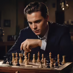 a man is setting at the chess board