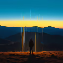 a person stands on a hilltop looking out over the mountains