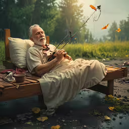 an older man sitting on a bench outside while playing the violin,a man sitting on a wooden bench holding a violin with a lot of gold colored leaves in the air