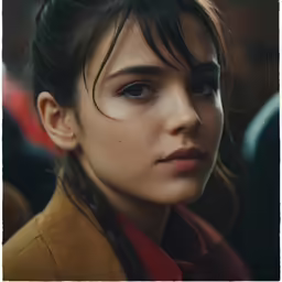 a young woman with long hair, wearing a brown coat