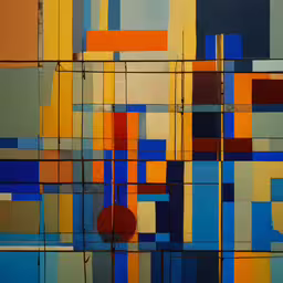 a painting with a circle sitting between bars,a large painting on the wall of some sort