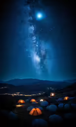 a field with tents and stars in the sky