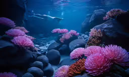 a man swims through the water near corals
