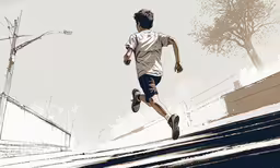 a boy running on the road with trees in the background,an abstract digital painting of a person jogging on a road