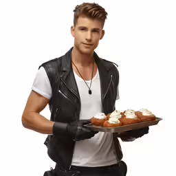 a man holding a tray full of pastries