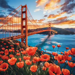 a painting of the golden gate bridge with orange flowers on the shore