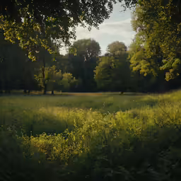 a grass covered meadow is surrounded by trees