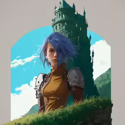 a woman with blue hair and armor standing in front of a castle