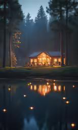 an image of a cabin sitting in the middle of the forest